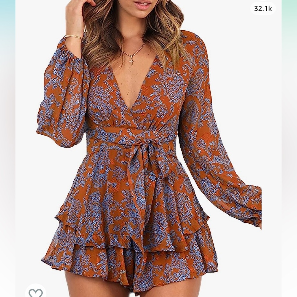 Women's Romper Floral Print V Neck Baggy Sleeve Waist Tie Layered Ruffle Hem